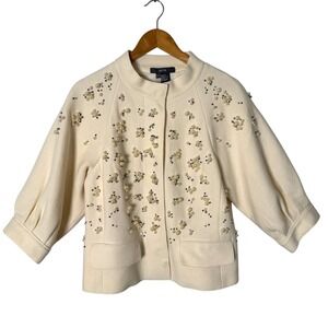Per Se Carlisle Pearl Rhinestone Wool Jacket Womens‎ 12 Cream Embellished FLAW